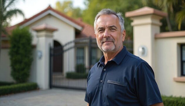 Mature man with grey hair stands before a gated house entrance. He wears a navy polo shirt and appears friendly and trustworthy. This man could be a resident or a caretaker.