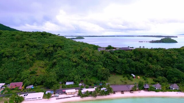 Aerial View of Matira Beach Peninsula and Turquoise Lagoon
