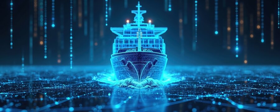 Digital blue container ship moves through abstract data ocean. Futuristic network visualization shows global cargo transport and logistics. Technology connects world trade routes.