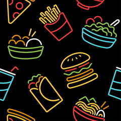 Neon fast food seamless vector pattern. Repeating pattern with minimal line art illustration of takeout food. 