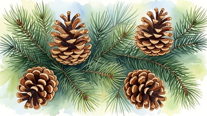 Pine cones and needles watercolor