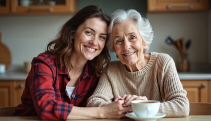 Young woman and elderly lady smile together sharing tea. They hold hands while sitting at table. Generational bond, happiness, indoor scene with cozy kitchen.