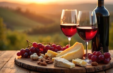 Two wine glasses filled with red wine sit beside a cheese board with grapes and nuts. A bottle of wine stands behind the glasses. The setting is outdoors with a blurred vineyard landscape at sunset.