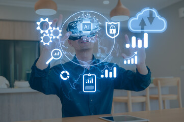 Businessman using virtual reality interface to analyze big data and AI analytics dashboard for digital transformation and future technology innovation