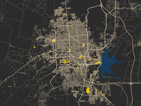 Abstract city map of Hermosillo, Mexico with charcoal base with cream streets
