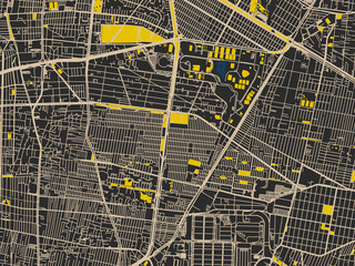 Modern graphic street map of Iztacalco, Mexico, with deep charcoal background with clean cream streets and sharp safety-yellow highlights, accented by ink-blue water