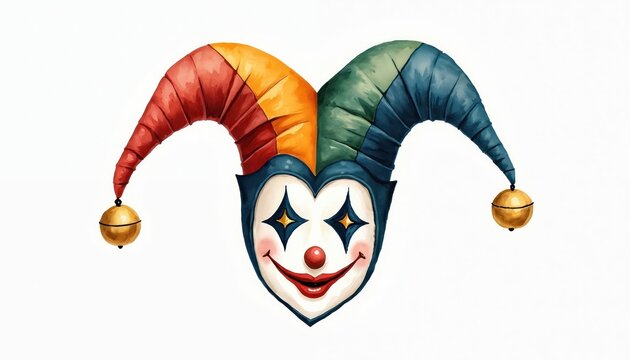 Jester face wearing colorful hat with bells. Funny cartoon character with red nose, white makeup, diamond eyes. Represents foolishness, deceit, or a playful trickster spirit in costume.
