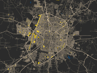 Poster-style map of Merida, Mexico using charcoal, ivory and ink-blue tones