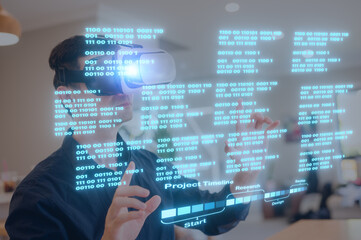 Man using virtual reality interface with binary code and project timeline hologram for future technology, software development and digital innovation