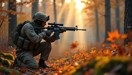 Fototapeta premium Soldier in camo kneels aiming rifle in autumn forest during sunset. Sunbeams filter through trees illuminating fall leaves on ground. Military personnel on patrol.