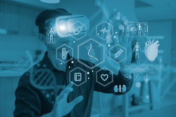 Doctor using virtual reality for health research. Cardiologist with VR glasses analyzes a 3D heart hologram and ECG. Futuristic healthcare, medical technology, metaverse concept