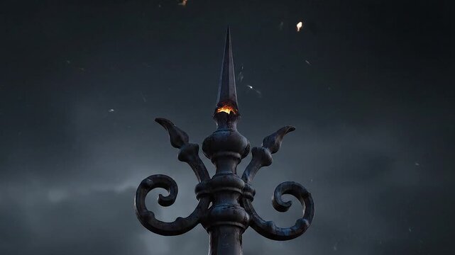Gothic spire with ornate scrollwork against a stormy, dark sky with subtle sparks