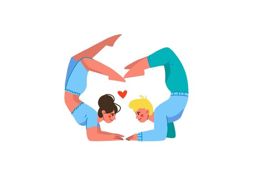 Cute flat illustration of a young couple doing a yoga acro pose, forming a heart shape with their bodies around a small red heart. Concept for love, romance, Valentine&rsquo;s Day and happy relationships.