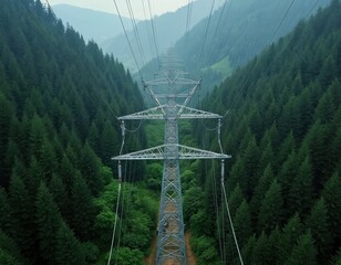 Tall metal pylons carry electric cables through dense green forest on hazy mountain. Power lines stretch into distance across steep forested slopes. Faint path winds below immense electrical grid.