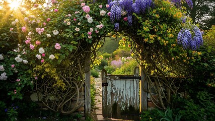 Enchanting garden archway with blooming flowers