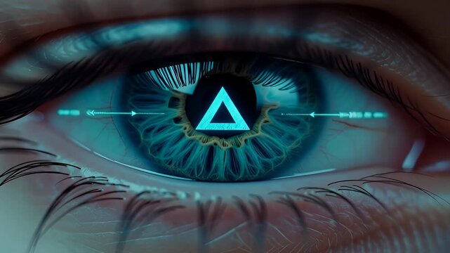Close-up of a human eye with futuristic blue digital interface and triangle symbol