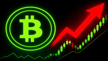 Bitcoin price surge graphic glowing green symbol with red upward arrow and green candlestick chart illustrating cryptocurrency market growth and digital finance success