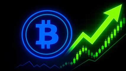 Bitcoin symbol glowing blue against a dark background with a bright green upward trending arrow and candlestick chart indicating cryptocurrency market growth profit success investment digital finance