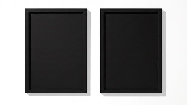 Two empty dark frames, minimalist silhouettes on white, poised for future artistic content or display