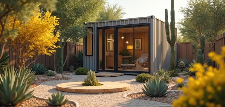 Shipping container home in desert landscape. Small modern dwelling surrounded by arid plants and succulents. Tiny house on wheels offers compact living space.
