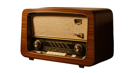 Vintage wooden radio with classic design and warm tones.