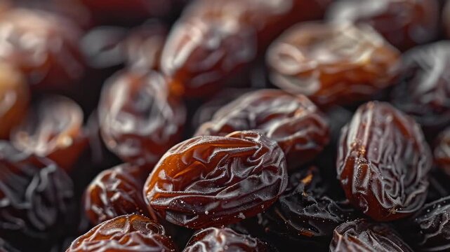 A close-up view of plump, sun-dried raisins with light brown and golden hues, displayed in a rustic wooden basket on a gray background.