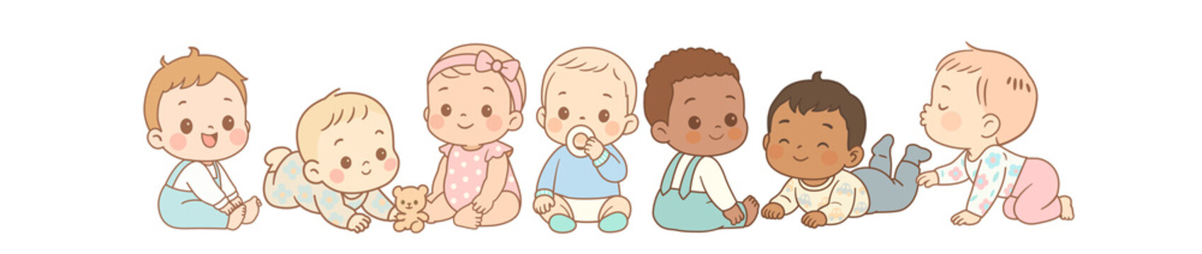 Cute Kawaii Babies Sitting and Playing &ndash; Pastel Baby Clipart Set, Diverse Toddlers, Nursery Illustration, Newborn Characters, Pastel Kids Art