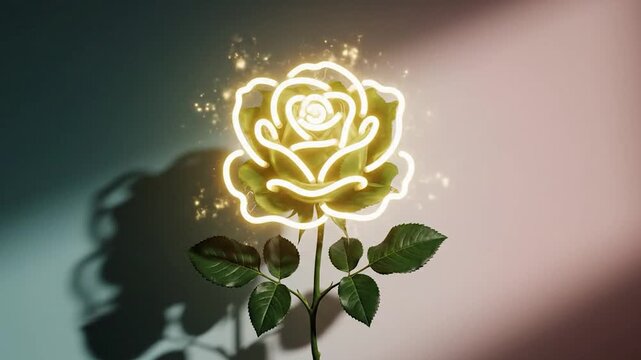 Vibrant green rose with neon light outline on split color background