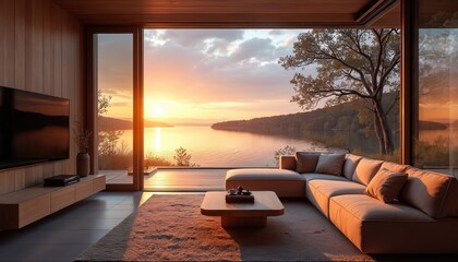 Fototapeta premium Modern living room with large window overlooking lake at sunset. Comfortable sofa, coffee table, and TV create cozy indoor space. Natural light fills room.