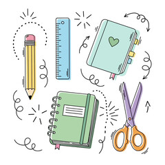 School Supplies Illustration - Pencil, Ruler, Notebooks, and Scissors.