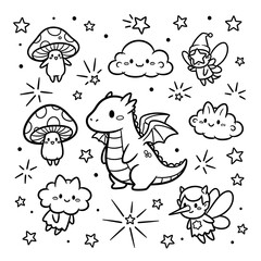 Whimsical Dragon and Friends Coloring Page for Kids.