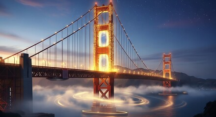 Obraz premium A luminous Golden Gate Bridge pierces a swirling mist, illuminated by the night sky's celestial glow.