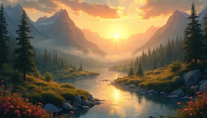 Majestic mountains at sunrise with golden sun rays over misty valley and calm river. Lush green forest and colorful flowers line riverbank. Serene landscape evokes peace and tranquility.