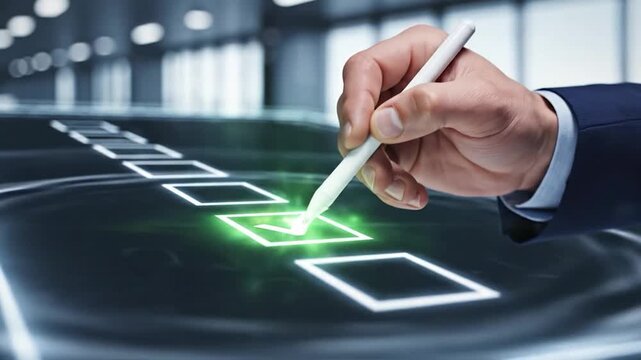 Businessman hand using digital stylus on interactive screen with glowing checklist boxes in modern corporate environment