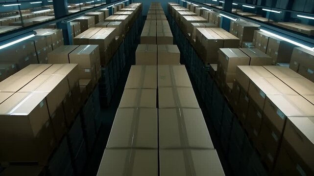 Aisle of stacked cardboard boxes in a large warehouse storage facility at night