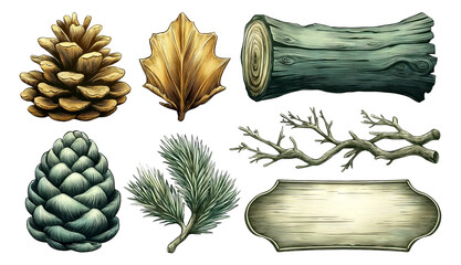 Engraved Winter Woodcraft Illustrations Featuring Isolated Natural Elements