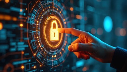 Person touches glowing digital lock icon on futuristic interface screen. Cyber security concept, data protection, internet privacy abstract graphic background. Technology innovation virtual network.