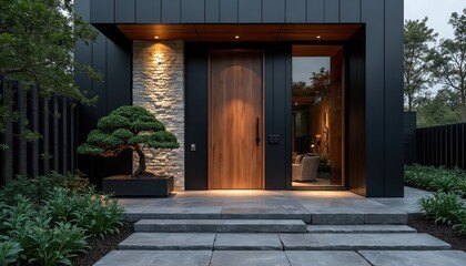 Modern black house entrance with large wood door and stone wall. Bonsai tree sits in planter next to illuminated pathway. Contemporary residential building exterior at dusk.