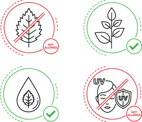 Set of four icons using line art and circular frames to show product status, including a prohibited leaf, an approved leafy plant,