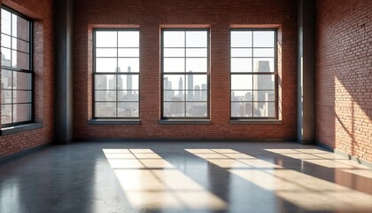 Interior loft space with exposed brick walls, large windows framing city skyline. Sunlight streams through windows casting long shadows across concrete floor. Empty room offers modern industrial