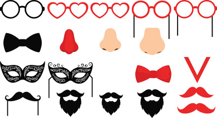 Collection of funny disguise accessories including glasses, masks, noses, mustaches, beards, and bow ties for photo booth props and playful designs