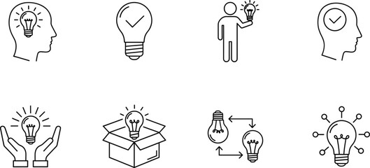 Set of black outline icons symbolizing new ideas, successful solutions, creative thinking, and innovation,
