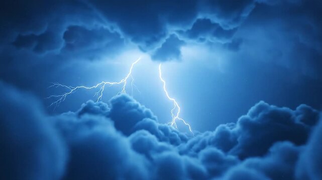 Intense Lightning Bolt Illuminating Dramatic Storm Clouds in a Deep Blue Sky