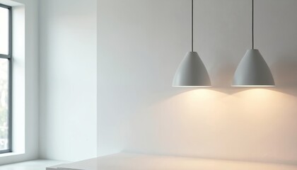 Two modern pendant lights hang in a bright minimalist room. Their warm glow illuminates a clean white wall and floor area. Natural light enters from a large window on the left side.