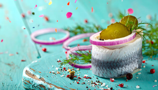 Rollmops-R&ouml;llchen mit Hering, sauren Gurken und Dill, dekorativ angerichtet im bunten Karnevals-Stil. Konfetti, K&ouml;ln-Atmosph&auml;re und &bdquo;K&ouml;lle Alaaf&ldquo;-Feeling als humorvolle, regionale Food-Szene. foto, ad