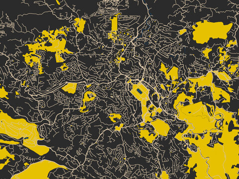 Flat city map of Baguio, Philippines &mdash; matte charcoal landmass with pale cream street lines, bold yellow accents and navy-blue water shapes