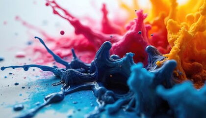 Abstract splashes of blue, pink, and orange ink burst on white surface. Fluid dynamics create dynamic shapes, simulating art creation process. Vivid colors mix creating vibrant patterns.