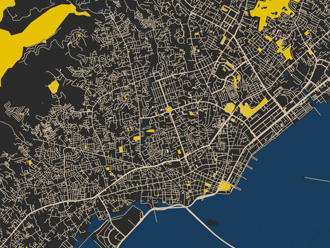 Flat city map of Cebu City, Philippines &mdash; dark noir-style city field with soft cream lines and strong yellow points of interest against deep blue water