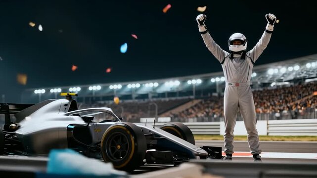 Race victory celebration, Championship triumph as confetti falls