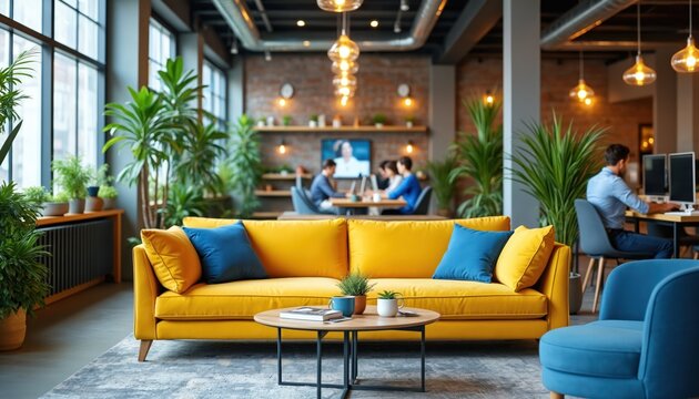 Modern coworking space with yellow sofa and plants. People work on computers, collaborate at table. Bright open office interior design with large windows. - Powered by Adobe